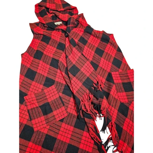 Rewind Red Black Buffalo Plaid Hooded Fringe Vest Scarf Front Plus Size 1X - Picture 1 of 7